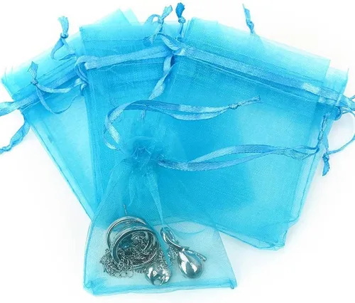 Vista 3 de Bolsas de regalo de organza de 4 x 6 pulgadas con cordón para joyas, dulces, paquetes de 50 bolsas de té de tela transparente azul aguamarina
