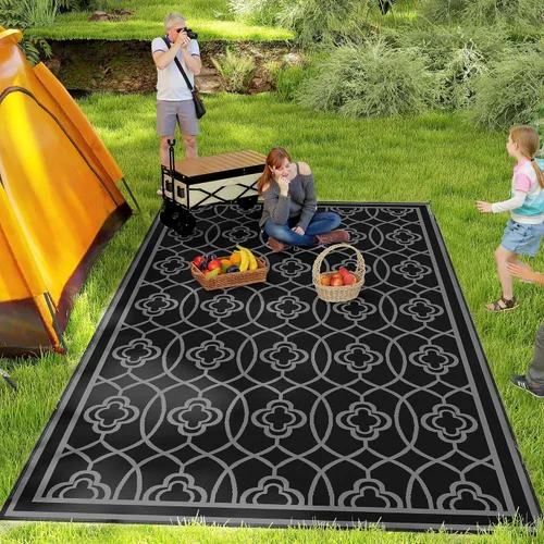 Vista 35 de Outsunny Alfombra de exterior para patio impermeable 9' x 18' rombo negro y Borde rombo negro y gris