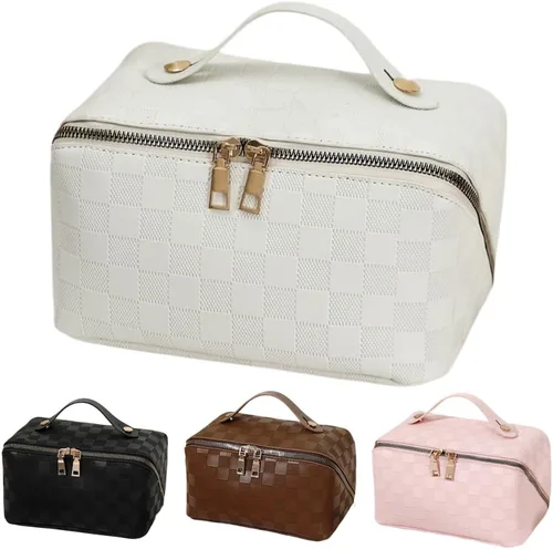 Vista 22 de Bolsas de maquillaje a cuadros de gran capacidad, bolsas de cosméticos portátiles de viaje, bolsa de aseo abierta y plana para mujeres y niñas