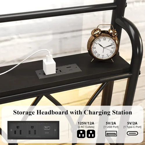 Vista 3 de E-Ser Marco de cama de plataforma de metal tamaño twin con cabecera de almacenamiento, marco de cama con luz LED, estación de carga integrada