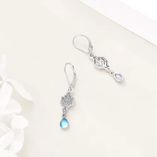 Vista 4 de Aretes de gota de piedra lunar para mujeres y niñas de plata de ley 925 con circonita cúbica, aretes de lágrima de piedra lunar, regalo de joyería