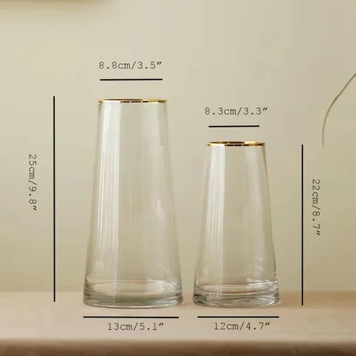 Vista 2 de Moden - Jarrón trapezoidal de vidrio con boca dorada para centros de mesa, decoración de boda del hogar (1, pequeño de 4.7 x 8.7 pulgadas)