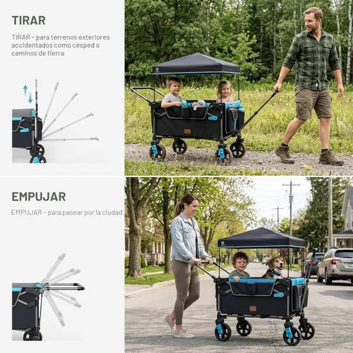 Vista 5 de EVER ADVANCED Vagón ultracompacto para 2 niños, vagón cochecito plegable de viaje de empujar y tirar con toldo desmontable, asas y arneses Negro