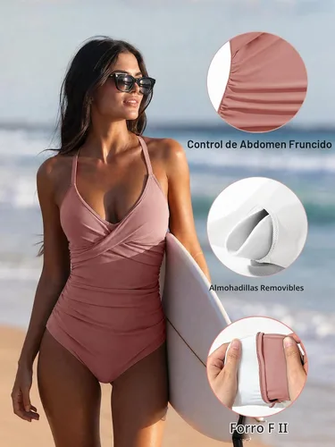 Vista 5 de B2prity Traje de baño de una pieza para mujer con control de abdomen marrón (Cameo Brown)