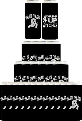 Vista 9 de Decoración espeluznante de Halloween Bebe brujas aquí para los abucheos 2 caras Paquete de 2 termoenfriadores ultra delgados para latas