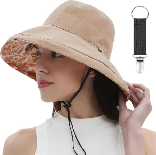 Vista 25 de vidsel Sombreros de sol para mujer, de ala ancha, reversible, de algodón, plegable, de verano, con clip para sombrero, protección UV Beige