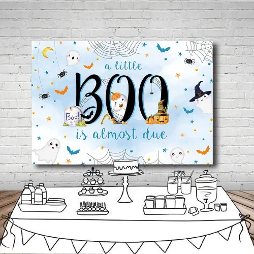 Vista 4 de MEHOFOND Telón de fondo de Halloween de 7 x 5 pies para baby shower con texto en inglés "A Little Boo is Almost Due Blue Water" para niño