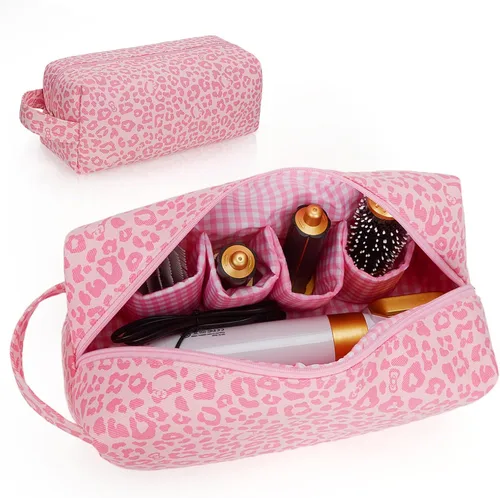 Vista 13 de Bolsa de viaje con asa acolchada con estampado de leopardo compatible con Dyson Airwrap, estuche de viaje para organizador Shark Flexstyle