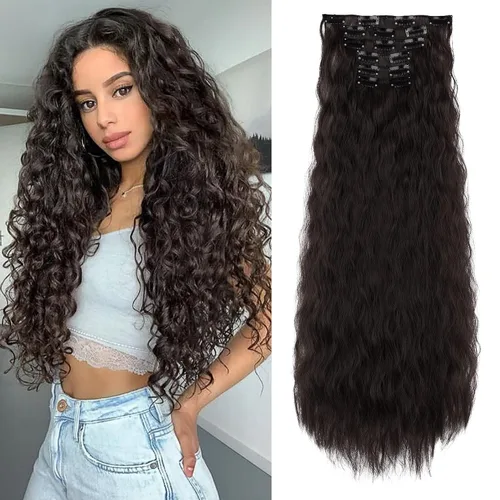 Vista 16 de Flufymooz - Extensiones de cabello con clip, 6 unidades, extensiones de cabello largas con ondas de sirena, sintético, postizo para mujer, 24 Marrón