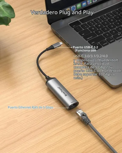 Vista 3 de BrosTrend Adaptador USB C a Ethernet de 5 Gb para Windows, MacOS iOS, Plug