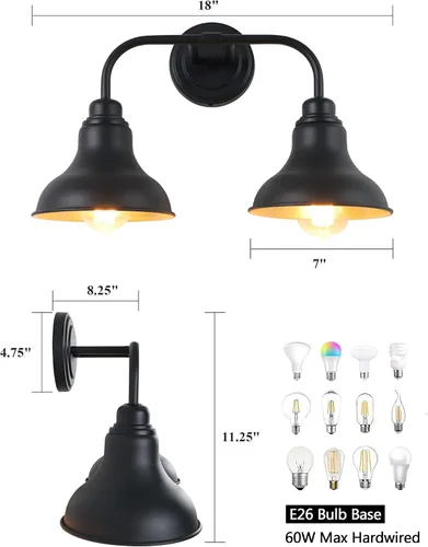 Vista 2 de 18-Inch 2-Light Farmhouse Bathroom Vanity Light Over Mirror, Black