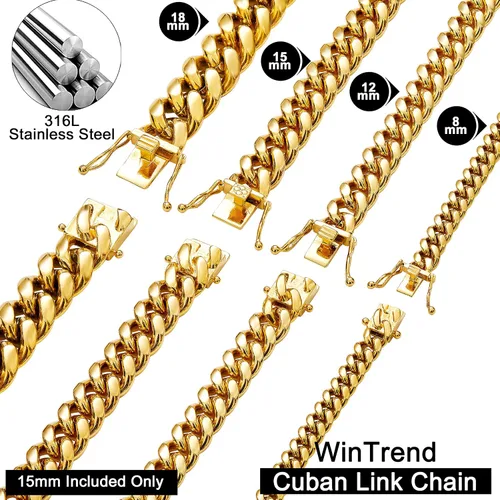 Vista 2 de Collar o pulsera de eslabones cubanos con cierre de caja de diseño para hombres de 0.236 in, 0.315 in, 0.394 in, 0.472 in, 0.591 in, 0.709 in, oro