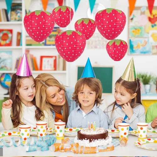 Vista 7 de Faroles de papel de fresa, 6 faroles colgantes de papel de fresa, adornos para habitación de niños, telón de fondo de cumpleaños, boda, decoración