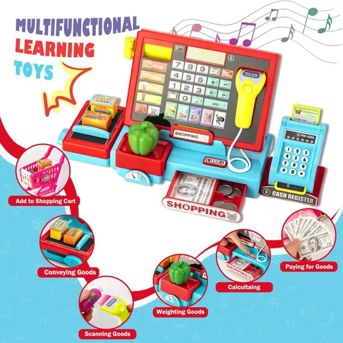 Vista 2 de Caja registradora para niños, calculadora real, caja registradora con escáner de juguete para niño de 3, 4, 5, 6, 7, 8 años, juego de simulación
