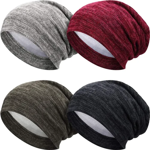 Vista 8 de 4 Pieces Satin Lined Beanie Cap Satin Sleep Lined Hat Slouchy Beanie Hat Night Silk Hair Cap for Women Men