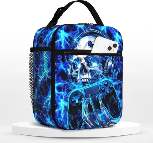 Vista 15 de Lonchera de béisbol para niños, con aislamiento, con diseño de calavera y béisbol, lonchera para niños, escuela, trabajo, oficina, viajes, picnic