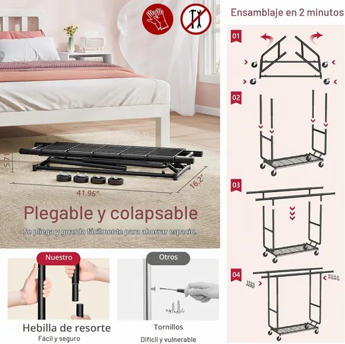 Vista 6 de Hoctieon Perchero de doble varilla de montaje en 2 minutos, estante resistente para ropa con ruedas, plegable para uso comercial, barra extensible