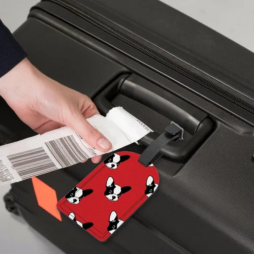 Vista 4 de Etiquetas para maleta de viaje, diseño de bulldog francés, fondo rojo, etiqueta de equipaje de piel sintética con etiqueta de identificación