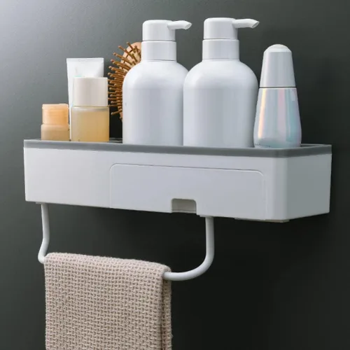Vista 8 de Estante de esquina para ducha, baño, estantes flotantes, soporte para toallas de baño, estantes ajustables, riel para colgar en la pared