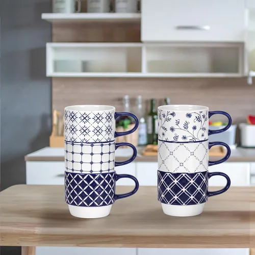 Vista 3 de Schliersee Juego de 6 tazas de café de cerámica apilables de 12 oz, taza pequeña con patrón geométrico floral, taza de café de porcelana azul