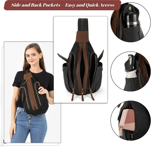 Vista 4 de Jannloe Bolso bandolera de lona, mochila cruzada pequeña para mujeres y hombres, mochila casual de hombro al aire libre, mochila de senderismo