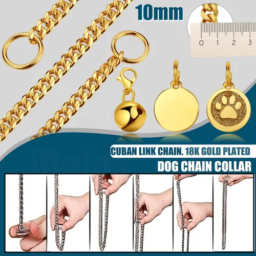 Vista 3 de Collar dorado para perro de 0.394 pulgadas, collar de cadena de acero inoxidable resistente para perros (10 pulgadas)