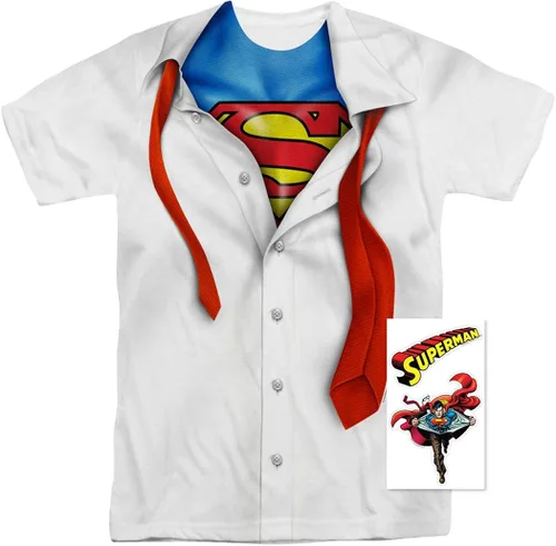 Vista 2 de Popfunk Camiseta clásica de disfraz de superhéroe para adultos, I'm Superman, Batman con calcomanías