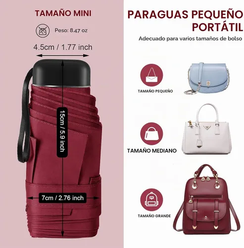 Vista 5 de Mini paraguas para viaje con estuche pequeño compacto para el sol y la 0.10 Vino Tinto