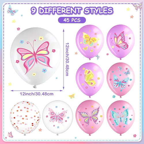 Vista 2 de Libima 45 globos de látex de mariposa para decoración de cumpleaños, globos de látex de hadas rosas y moradas, decoraciones para niñas, princesas