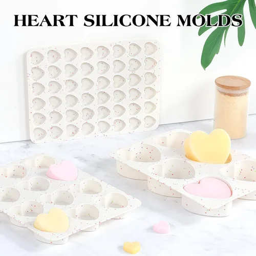 Vista 6 de Moldes de silicona pequeños en forma de corazón de 2 pulgadas para chocolate, caramelo, pastel, jabón (Juego de 2, crema)