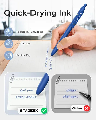 Vista 3 de STAGEEK Bolígrafos de gel azules GX3, 12 bolígrafos de tinta azul de secado rápido con 3 recambios adicionales, bolígrafos retráctiles de punta fina