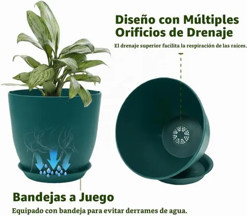 Vista 3 de Vanslogreen Macetas de 8 pulgadas, juego de 6, macetas con agujeros de drenaje y platillo, macetas de jardín de plástico para plantas
