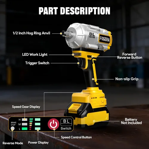 Vista 8 de Llave de impacto inalámbrica de 1/2 pulgada – Compatible con baterías Dewalt de 20 V, 1100 pies-libras (1500 N.m), destornillador de impacto de alto