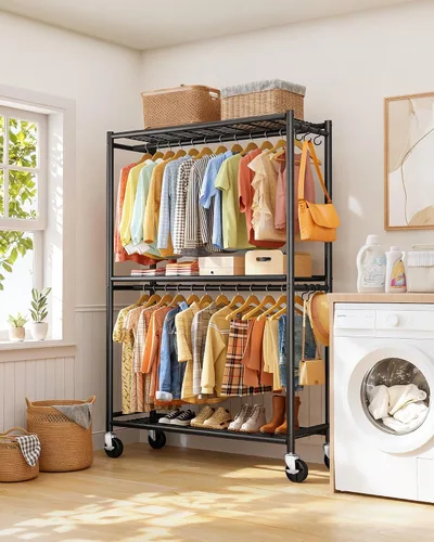 Vista 7 de Sakugi Perchero para ropa – Perchero doble para colgar ropa con ruedas y pies niveladores, armario de gran capacidad con estantes para dormitorio
