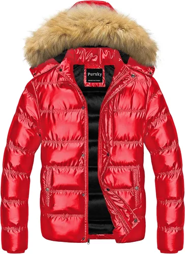 Vista 21 de Pursky Chaqueta de plumón impermeable para hombre, abrigos de invierno con capucha de piel para esquiar, parka con capucha de piel Verde militar