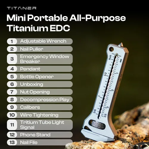 Vista 5 de TiSpanner 2.0 - Multiherramienta compacta de titanio de 0.71 onzas (0.63 oz) ligero EDC llavero herramienta con llave ajustable, rompeventanas