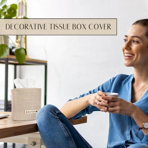 Vista 4 de Elegante funda para caja de pañuelos: este soporte de lino beige cubre instantáneamente tus cajas de pañuelos cuadradas, la cubierta de cubo