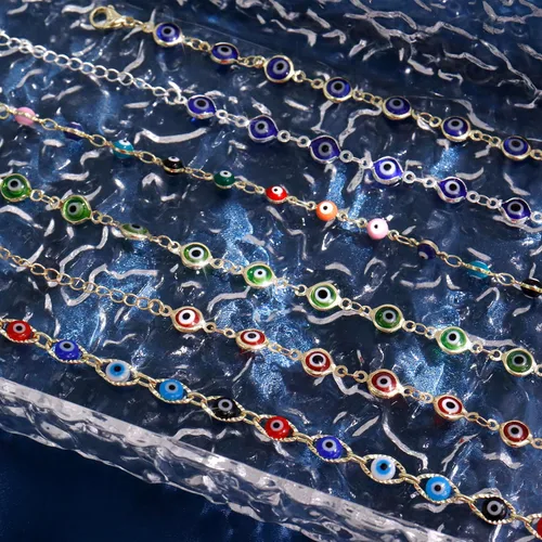 Vista 5 de Pulsera contra el mal de ojo, chapado en oro de 14 quilates, con cadena de ojo turco azul, para mujeres y niñas
