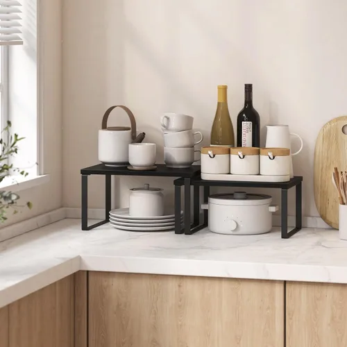 Vista 2 de Juego de 4 estantes organizadores de armario de cocina, estantes resistentes para encimera de cocina con patas de metal, estante apilable de madera