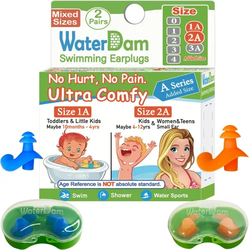 Vista 8 de WaterDam - Tapones de natación para los oídos, grandes, impermeables, ultra cómodos, para evitar el oído de nadador (talla 0: bebé 0-1 año (naranja))