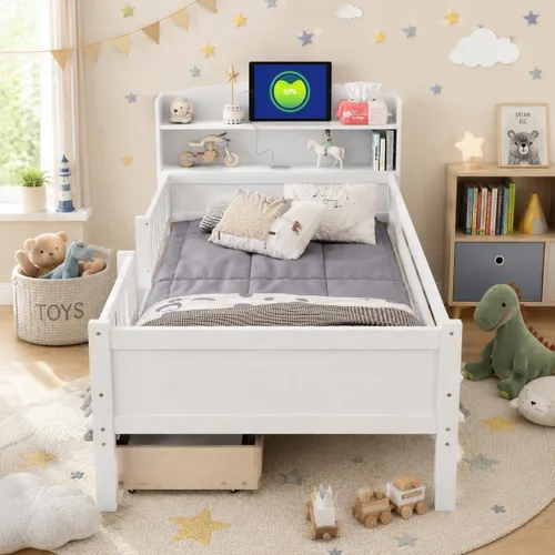 Vista 10 de Twin Size Bed Frame with Multi-Shelf Storage Headboard,USB Ports and LED Light,Space Saving Solid Wood Platform Bed with 2 Drawers and Full-Length