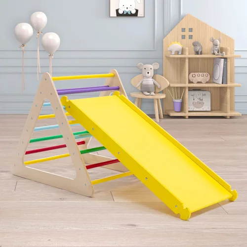 Vista 7 de Wonline Escalador triangular 3 en 1 con rampa de madera para niños pequeños, triángulo de escalada para deslizarse y escalar, juego de 3 piezas