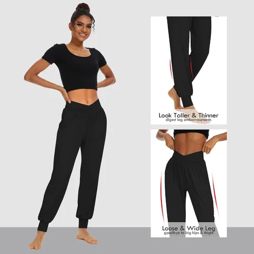 Vista 3 de SICVEK Pantalones deportivos de cintura alta para mujer, pantalones holgados cruzados, suaves, cómodos, pantalones de yoga con bolsillos