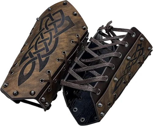 Vista 8 de Brazaletes vikingos de cuero sintético, muñequera de guantelete de cuero, brazaletes medievales, armadura de brazo, caballero LARP, 2 piezas