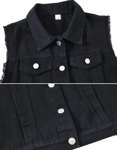 Vista 3 de Chaleco de mezclilla casual para mujer, sin mangas, rasgado, chaleco con bolsillos