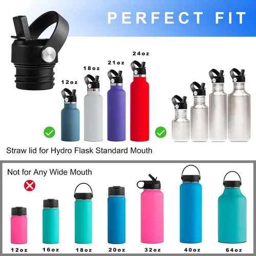 Vista 3 de Tapa de popote compatible con botella de agua de boca estándar de 24 onzas y 21 onzas, tapas con popote para botellas de agua Hydroflask, parte