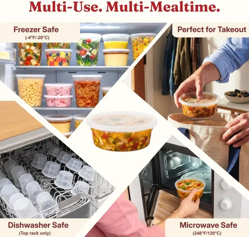 Vista 4 de Recipientes de plástico de 8 onzas con tapas (48 juegos/96 piezas) recipientes de sopa de plástico sin BPA con tapas, aptos para microondas