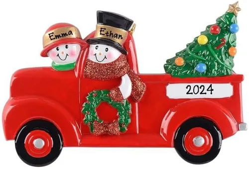 Vista 2 de Adorno de Navidad Personalizado de Familia de Pareja de Muñecos de Nieve en Camioneta Pickup Roja 2025 - Camioneta Pickup Roja Vintage con Árbol