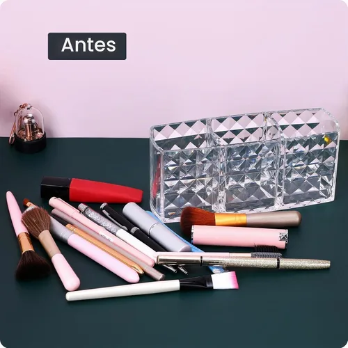 Vista 4 de MOSIKER Soporte para brochas de maquillaje para tocador, acrílico transparente, pequeño, compacto, delineador de labios, delineador de labios