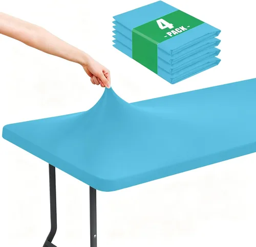 Vista 24 de Moosfor Paquete de 4 manteles rectangulares de elastano de 4 pies, elásticos y ajustables para pícnic, elásticos y lavables, para exteriores, Beige